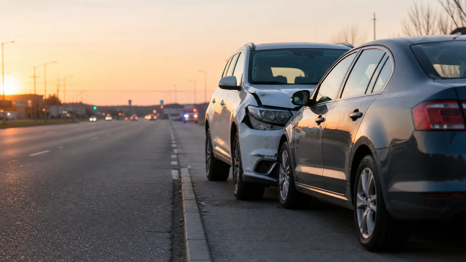 Two damaged cars stopped beside a broad road at sunrise.