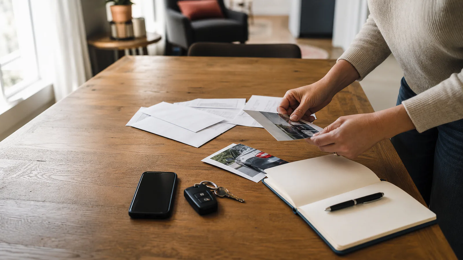 A person organizing vehicle photographs, papers, keys, and a notebook at a table.